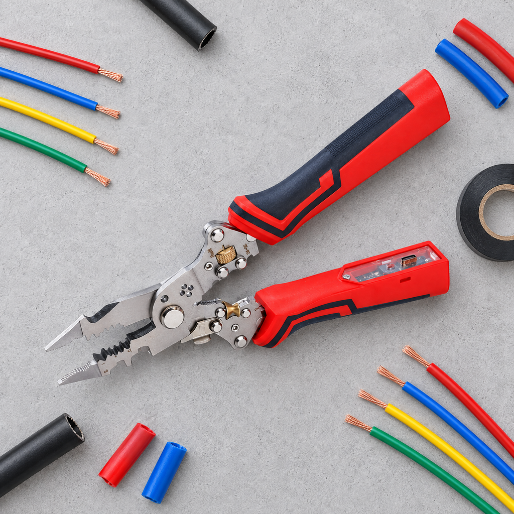 Wire stripper with stripped wires flat lay