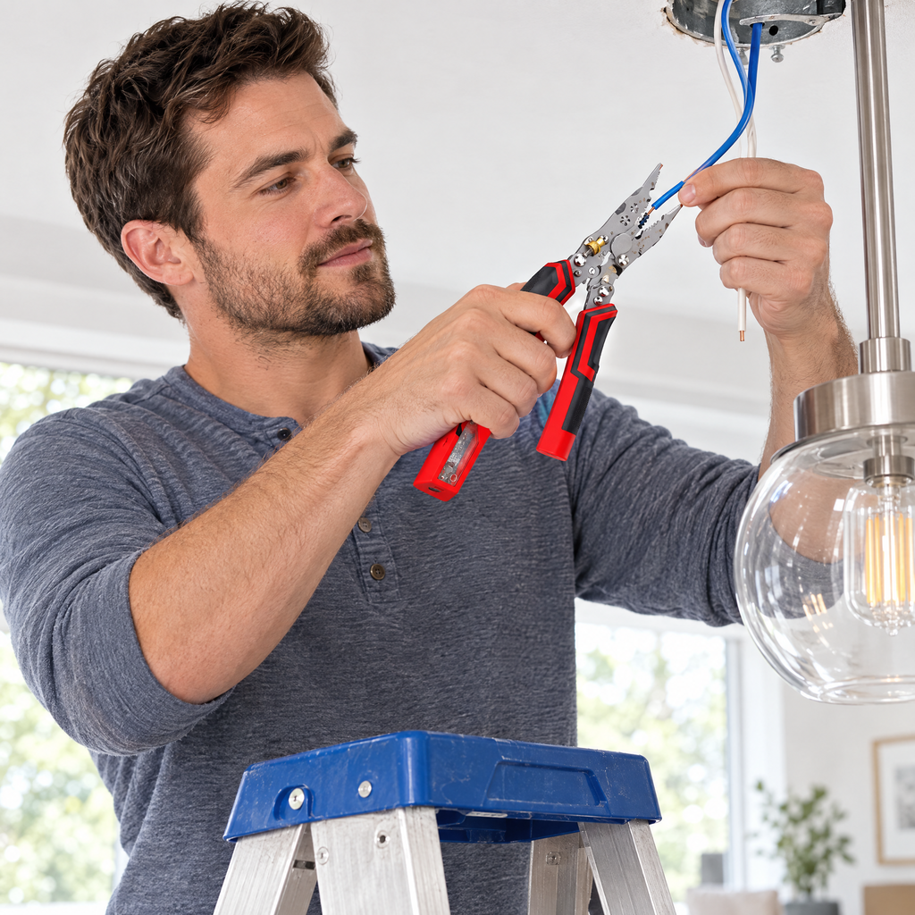 Installing a light fixture with the wire stripper