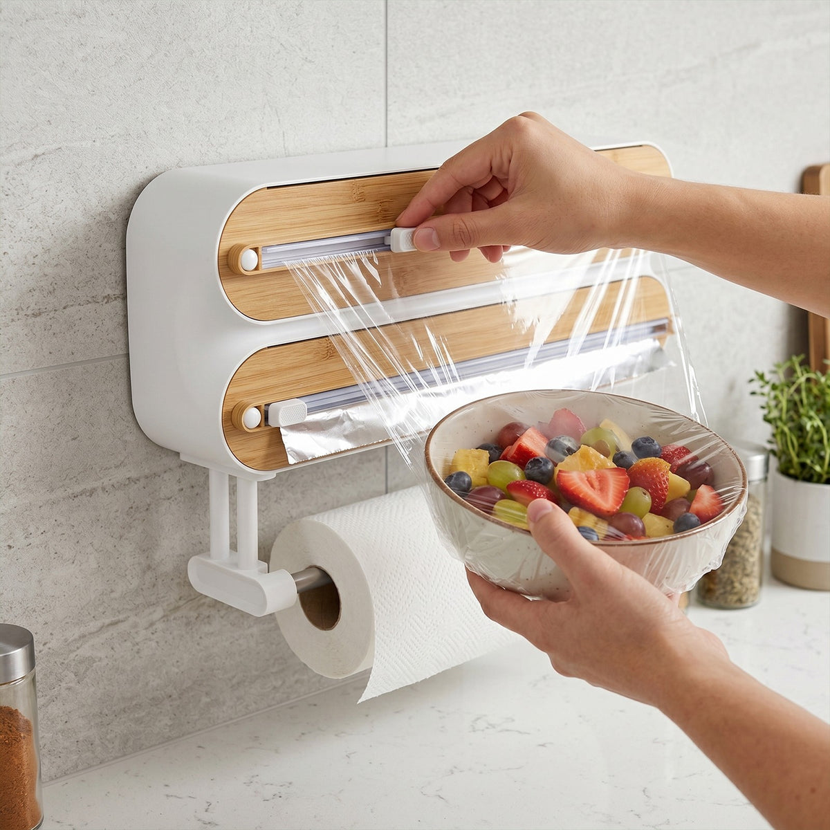 Wall-Mounted Foil, Cling Wrap & Paper Towel Dispenser